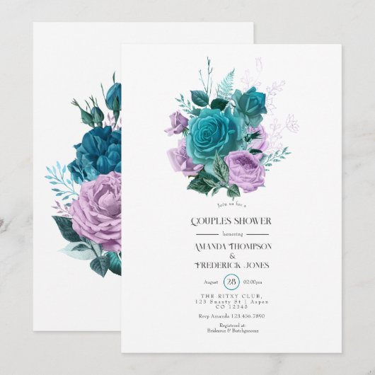 Invitation Bain de mariage floral turquoise et lavande (Devant / Derrière)