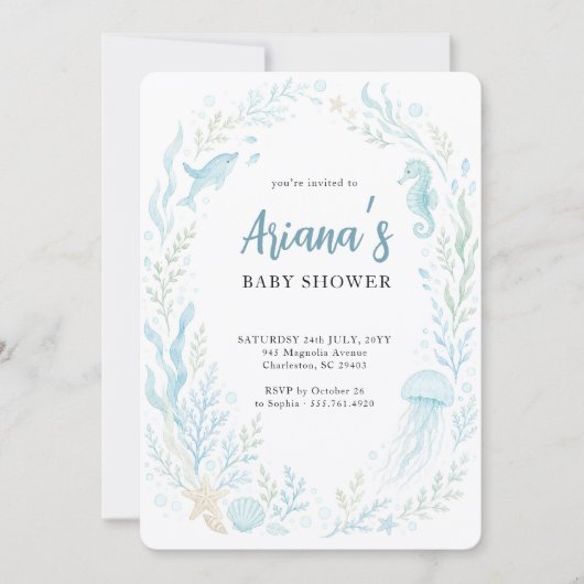 Invitation Bain de mer bleu aquarelle pour bébé (Devant)