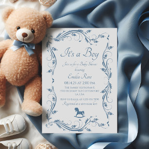 Invitation Bain délicat pour garçon aux fleurs bleues vintage