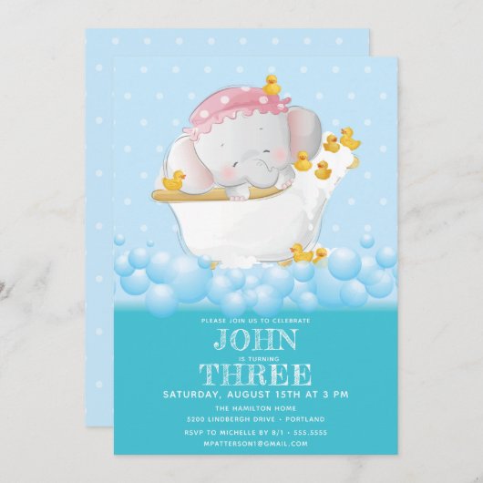 Invitation Bain Eléphant mignon Anniversaire (Devant / Derrière)