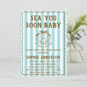 Invitation Bain Turquoise Rayé Bébé Bébé Cadeaux de Naissance (Debout devant)