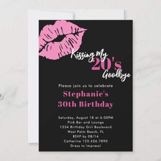 Invitation Baiser mes 20 ans Adieu rose et noir 30e anniversa (Devant)