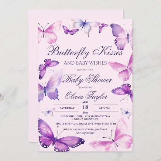 Invitation Baisers à papillon Baby shower fille rose violet i (Devant / Derrière)