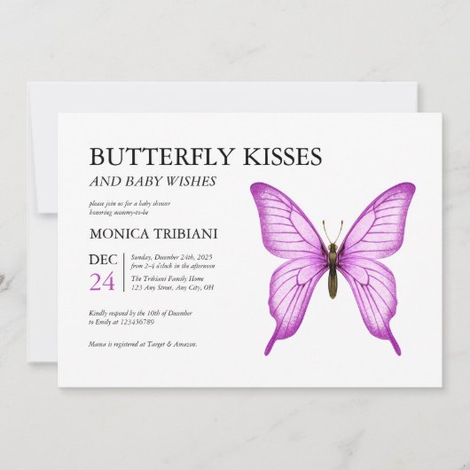 Invitation Baisers à papillon Bébé souhaits minimaux Douche p (Devant)