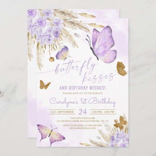 Invitation Baisers à papillon Boho et voeux d'anniversaire (Devant / Derrière)