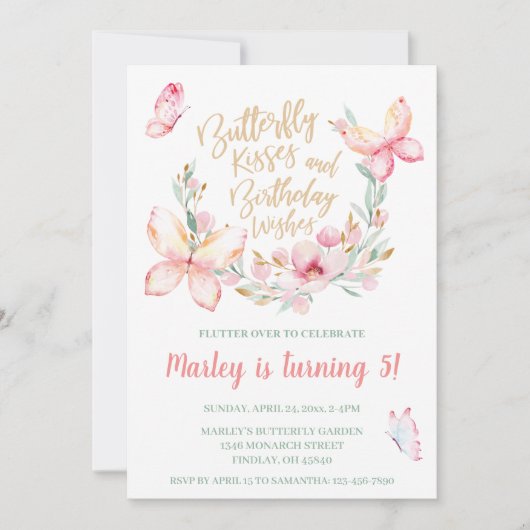 Invitation Baisers à papillon et voeux d'anniversaire, toute (Devant)