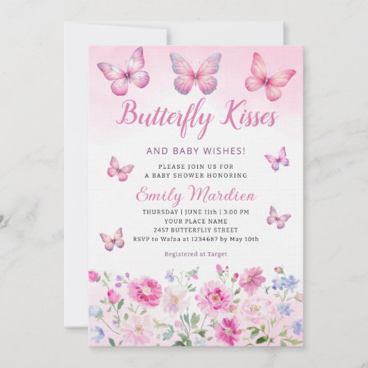 Invitation Baisers à papillon et voeux de bébé Baby shower fi (Devant)