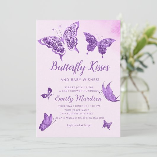 Invitation Baisers à papillon et voeux de bébé Baby shower fi (Debout devant)
