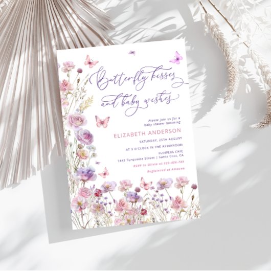 Invitation Baisers à papillon et voeux de bébé rose violet bé