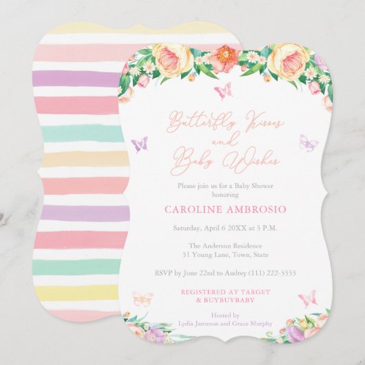 Invitation Baisers à papillon et voeux pour bébé Baby shower (Devant / Derrière)