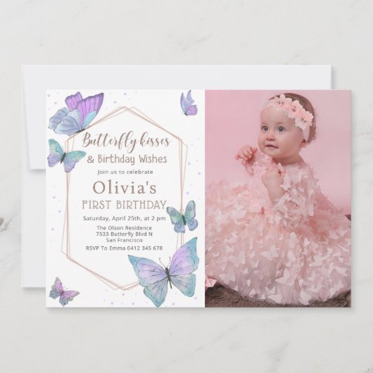 Invitation Baisers à papillon Filles papillon Photo Anniversa (Devant)