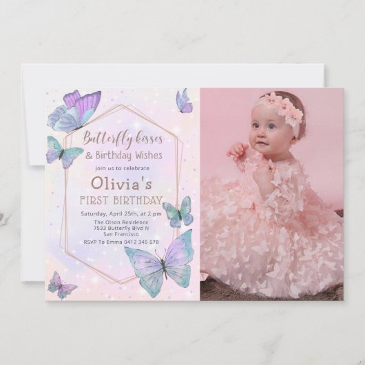 Invitation Baisers à papillon Filles papillon Photo Anniversa (Devant)