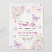 Invitation Baisers à papillon floral Purple Girl Anniversaire (Devant)
