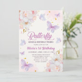 Invitation Baisers à papillon floral Purple Girl Anniversaire (Debout devant)