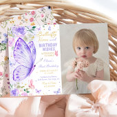 Invitation Baisers à papillon floral violet et souhaits d'ann