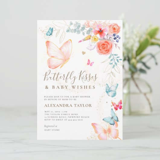 Invitation Baisers à papillon Jardin de pêche Bébé Fille Douc (Debout devant)