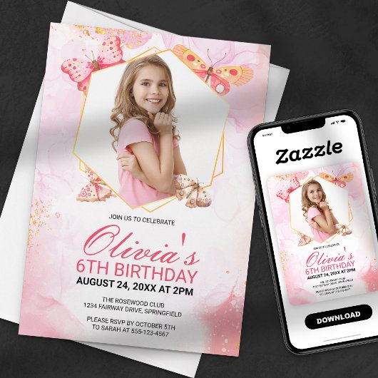 Invitation Baisers à papillon lunaire Fille Photo Anniversair