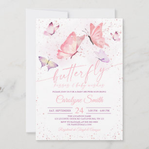 Invitation Baisers à papillon rose et Baby shower de voeux po