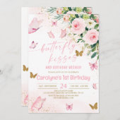 Invitation Baisers à papillon rose et souhaits d'anniversaire (Devant / Derrière)