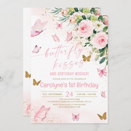 Invitation Baisers à papillon rose et souhaits d'anniversaire (Devant / Derrière)