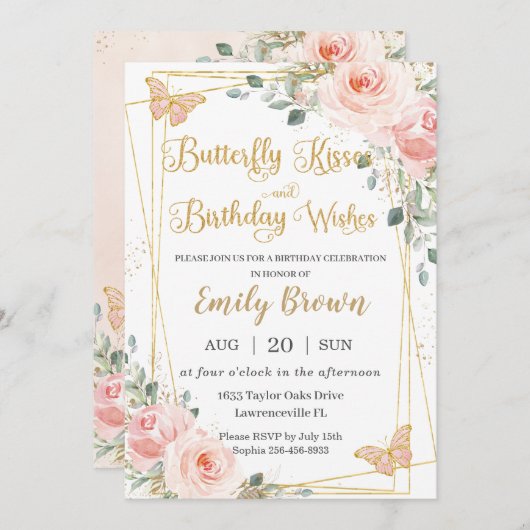 Invitation Baisers à papillon rose pâle Baisers Anniversaire (Devant / Derrière)