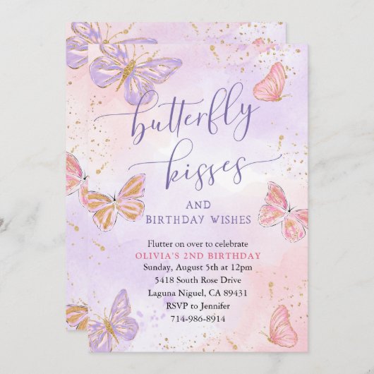 Invitation Baisers à papillon rose violet or (Devant / Derrière)