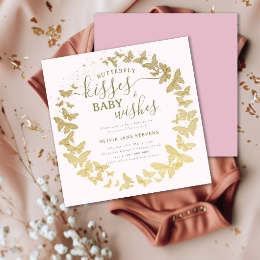 Invitation Baisers à papillon veut Baby shower fille rose or