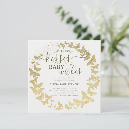 Invitation Baisers à papillon veut Baby shower Or Élégant (Debout devant)