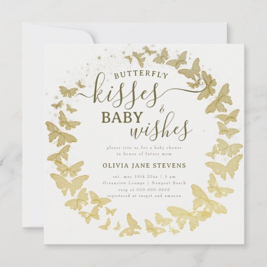 Invitation Baisers à papillon veut Baby shower Or Élégant (Devant)