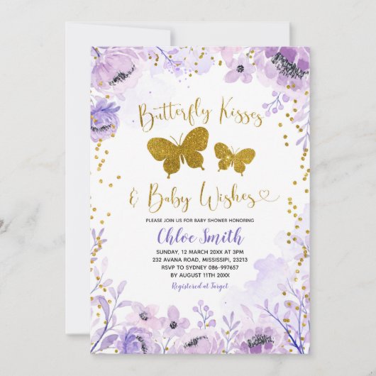 Invitation Baisers à papillon violet et envie de bébé (Devant)