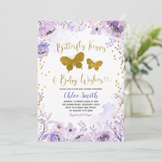 Invitation Baisers à papillon violet et envie de bébé (Debout devant)