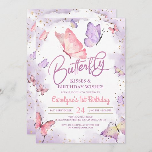 Invitation Baisers à papillon violet et voeux d'anniversaire (Devant / Derrière)
