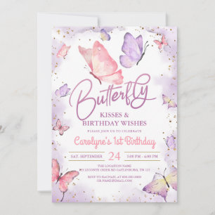 Invitation Baisers à papillon violet et voeux d'anniversaire