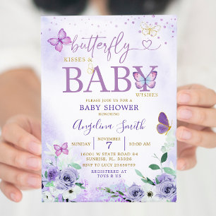 Invitation Baisers à papillon violet et voeux de bébé Invitat