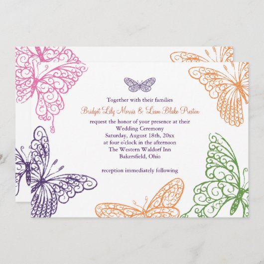 Invitation Baisers à papillons violets (Devant / Derrière)