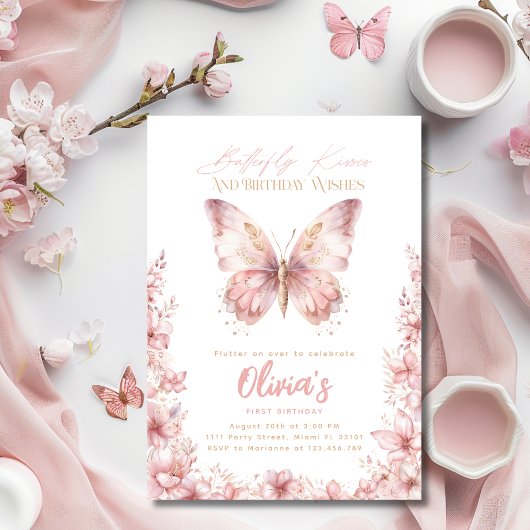 Invitation Baisers de papillon Anniversaire Fête rose papillo
