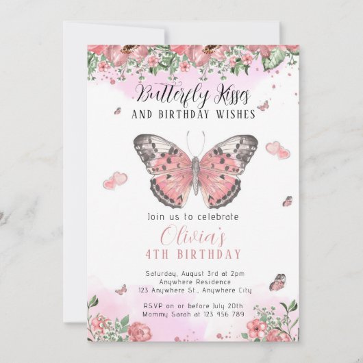 Invitation Baisers de Papillon Rose et Or (Devant)