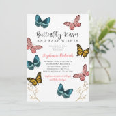 Invitation Baisers et souhaits papillon Baby shower rose (Debout devant)