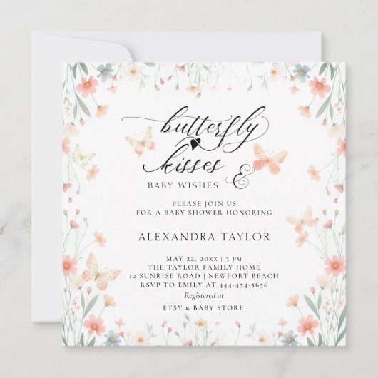 Invitation Baisers papillon corail sauvage Turquoise Baby sho (Devant)