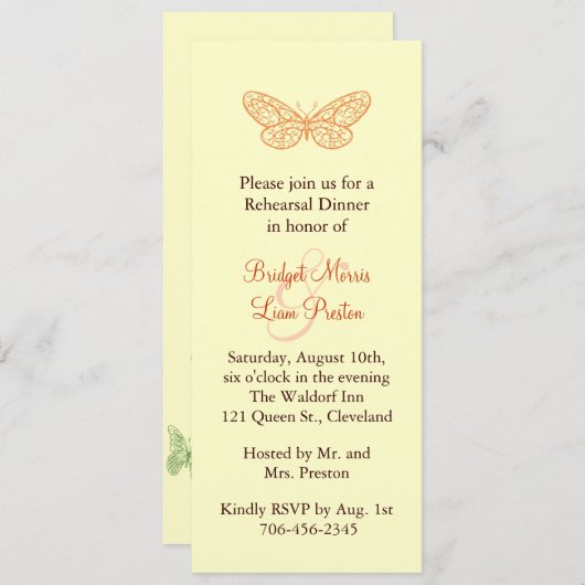 Invitation Baisers papillon Dîner de répétition jaune (Devant / Derrière)