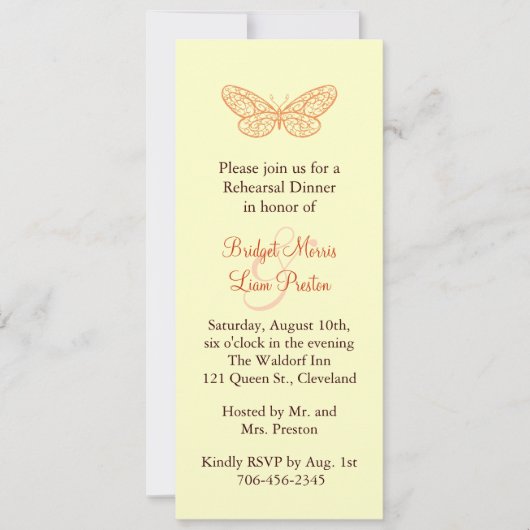 Invitation Baisers papillon Dîner de répétition jaune (Devant)