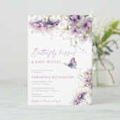 Invitation Baisers papillon et voeux bébé lavande violette (Debout devant)