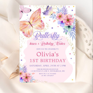 Invitation Baisers papillon Floral Rose fille Anniversaire
