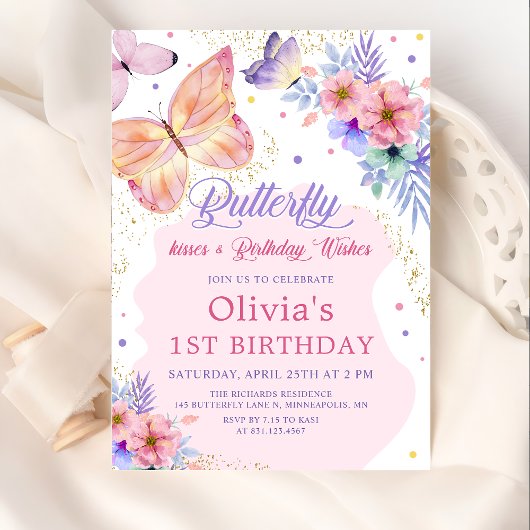 Invitation Baisers papillon Floral Rose fille Anniversaire