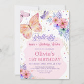 Invitation Baisers papillon Floral Rose fille Anniversaire (Devant)