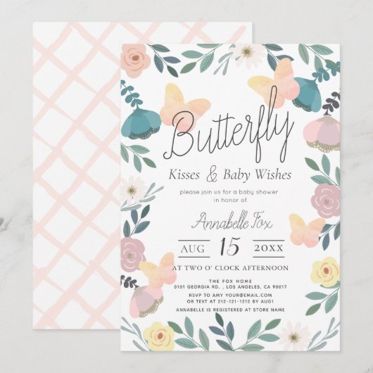 Invitation Baisers papillon Jardin fleuri Baby shower rose (Devant / Derrière)