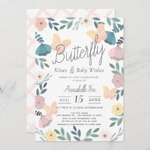 Invitation Baisers papillon Jardin fleuri Baby shower rose