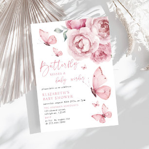 Invitation Baisers papillon rose florale Baby shower fille