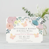 Invitation Baisers papillon rose florale fille Anniversaire (Debout devant)