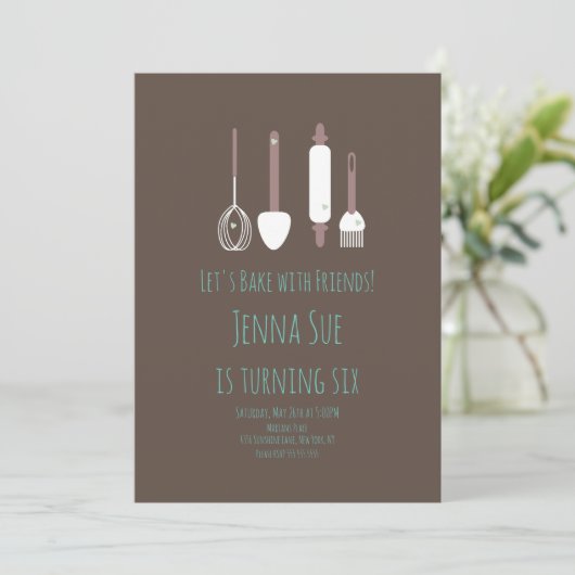 Invitation Baking Birthday Party Tools Turquoise Brown Invita (Debout devant)